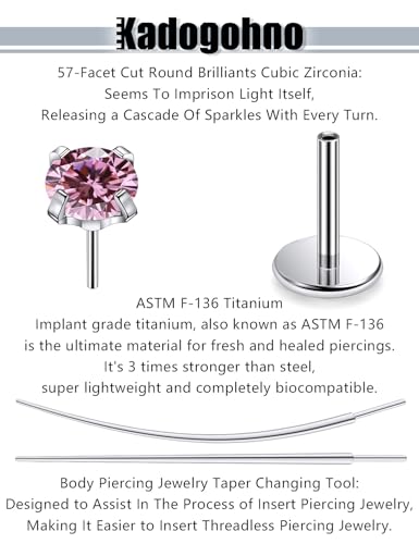F136 Titanium 20/18/16g Internally Threaded Medusa Monroe Lip Ashley Labret Nose Rings Flat Back Tragus Helix Cartilage Conch Screw Stud Earrings Surgical Steel Piercing Jewelry for Women - color: Pink CZ, size: 20g*1/4in