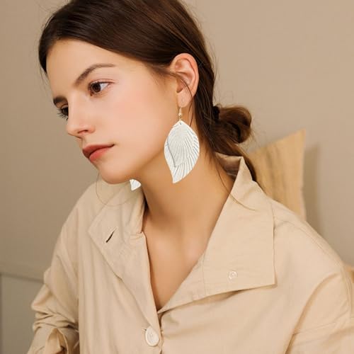 Handmade Bohemian Large Soft Genuine Leather Fringe Double Feather Dangle Drop Earrings Lightweight Simple Color PU Leaf Hook Earrings for Women - color: White