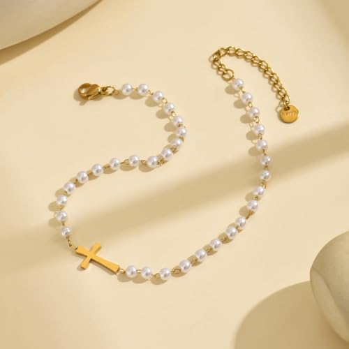18K Gold Plated Boho Beaded Anklets for Women Dainty Gold Layered Round Ball Ankle Bracelet Pearl Cross Anklet Bracelet Waterproof Gold Jewelry - color: Pearl Cross-Gold