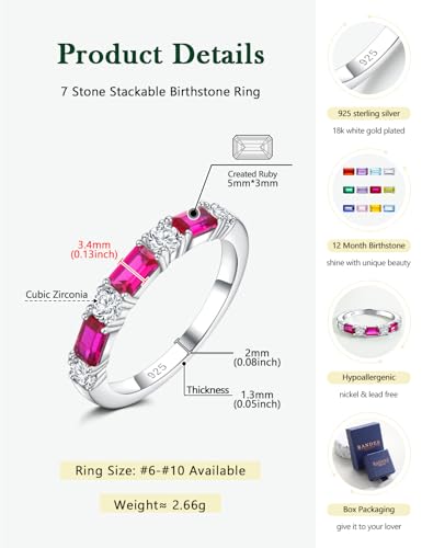 3.5mm Half Eternity Band Sterling Silver Rings for Women Sapphire/Ruby/Emerald and Cz Wedding Bands 7 Stone Stackable Birthstone Ring Anniversary Jewelry Size 6-10 - color: 07-Ruby-Jul.