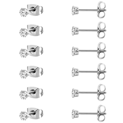 MDFUN 6 Pairs Stud Earrings Sets 3-8MM 18K Gold Plated Round 5A+ Cubic Zirconia Earrings Hypoallergenic CZ 6 Prong Ears Jewelry for Women - color: 3MM-White Gold