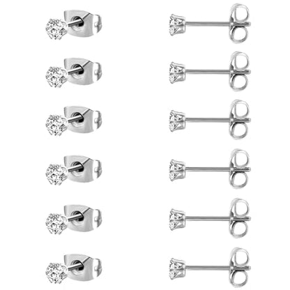 MDFUN 6 Pairs Stud Earrings Sets 3-8MM 18K Gold Plated Round 5A+ Cubic Zirconia Earrings Hypoallergenic CZ 6 Prong Ears Jewelry for Women - color: 3MM-White Gold