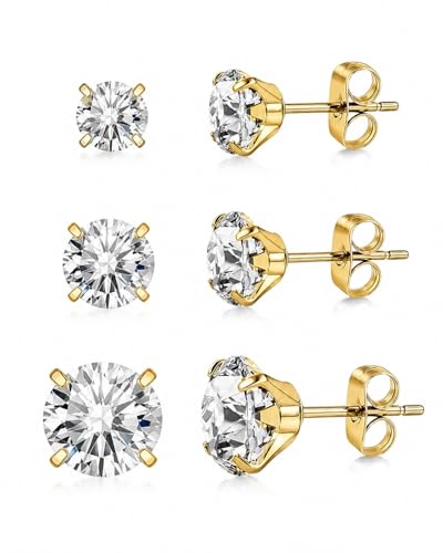 6 Pairs Stud Earrings for Women, 14K Gold Plated Hypoallergenic 316L Surgical Stainless Steel Earrings Studs Sets Cubic Zirconia Cartilage Earrings - color: Gold- 3 Pairs- 4 5 6mm
