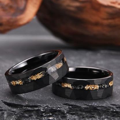 Black/gold Tungsten Carbide Rings for Men Men's Wedding band | 8mm Hammered Engagement rings Matte Brushed inlaid Gold Foil Meteorite Fragments Fashion and Comfortable fit - color: 8mm black