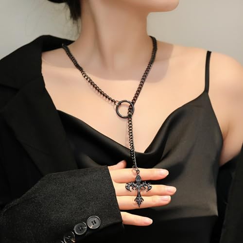 Slip Chain Choker for Women Handmade Black Stainless Steel Cuban Chain Chunky Moon Bat Raven Skull Pendant Gothic Punk Rock Collar Adjustable Lariat Y Necklace for Men - style: Black flame cross