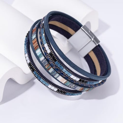 Boho Leather Wrap Bracelets Beaded Stackable Cuff Bracelet Country Concert Outfits Cowboy Cowgirl Western Jewelry Gifts for Women - color: 2layer-Blue