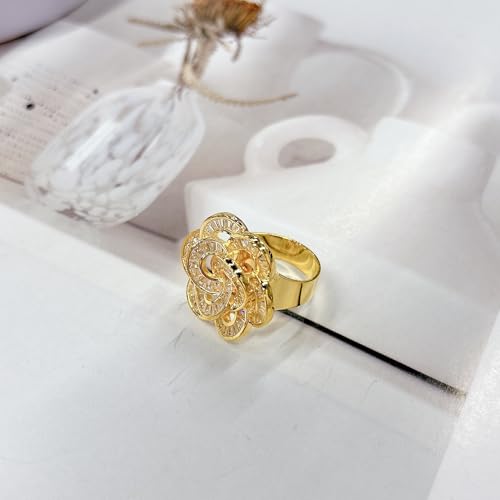 Gold Rose Flower Statement Cocktail Ring for Women Sparkly Rhinestones Crystal Floral Blooming Open Wrap Adjustable Finger Band Rings Stacking Comfort Fit Wedding Engagement Promise Fashion Jewelry