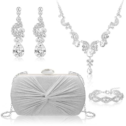 Quelay 4 Pcs Purse Rhinestone Jewelry Set Women | Wedding Bridal Prom Jewelry Sparkly Clutch Handbag with Necklace Bracelet Dangle Earrings Shiny Costume Kit - color: Silver, style: Twisted Pleated