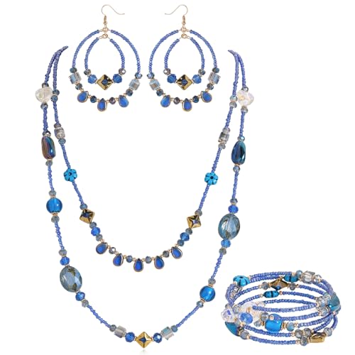Bocar Bohemian Handmade Beaded Jewelry Set for Women 3 Pcs Layered Necklace Hoop Earrings Wrap Bracelet Set Boho Summer Vacation Jewelry Gift (NK-10834) - color: Blue