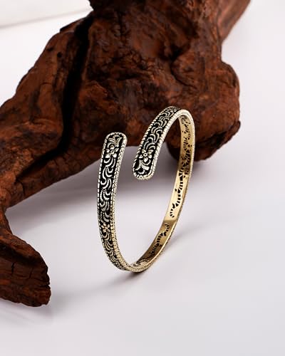 Vinatage 14K Gold Plated Cuff Bracelet - Boho Adjustable Cuff with Floral Pattern, Stackable Bracelet Bangle for Women