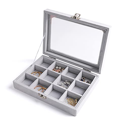 Tiny 12 Grid Earring Organizer Tray, Velvet Jewelry Box with Lid | Jewelry Tray With Lid,Adjuatable Dividers,Velvet Lining,Earring Organizer Box, Display Case,Drawer Insert,Gift For Women - color: Grey, size: 12 Grid