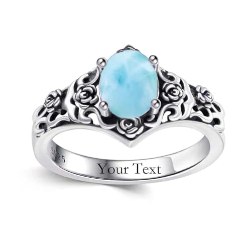 1 CT Oval Cut Gemstone Vintage Filigree Ring 925 Sterling Silver Retro Rose Teardrop Birthstone Statement Ring Anniversary Jewelry Gifts for Women Ring Size 4-13 - color: Larimar