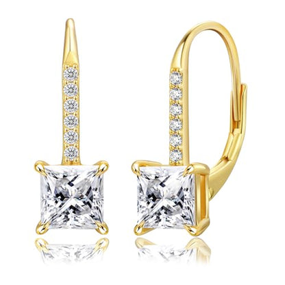 KRKC Moissanite Earrings, 1.0ct-2.0ct D Color Lab Created Diamond Earring, 14k White Gold Plated Sterling Silver Dangle Earrings S925 Leverback Drop Earring for Women Hypoallergenic Jewelry for Gifts - color: Princess-Gold-4.5mm