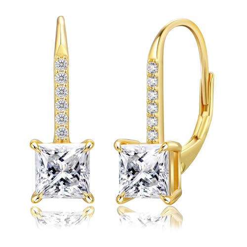 KRKC Moissanite Earrings, 1.0ct-2.0ct D Color Lab Created Diamond Earring, 14k White Gold Plated Sterling Silver Dangle Earrings S925 Leverback Drop Earring for Women Hypoallergenic Jewelry for Gifts - color: Princess-Gold-5.5mm