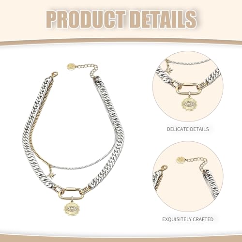 Mixed Metal Stack for Women, Multi Layered Two Tone Gold and Silver Coin Pendant Paperclip Stacked Necklace with Star and Celestial Charms, Chunky Trendy Statement Jewelry Gifts - color: Silver