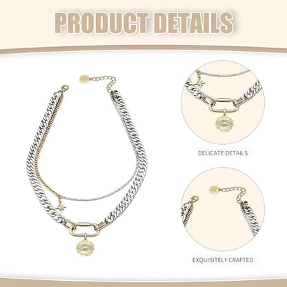 Mixed Metal Stack for Women, Multi Layered Two Tone Gold and Silver Coin Pendant Paperclip Stacked Necklace with Star and Celestial Charms, Chunky Trendy Statement Jewelry Gifts - color: Silver