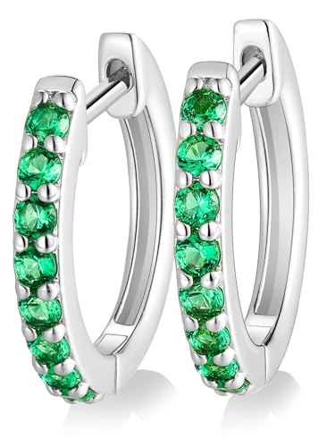 Chunky Emerald Sapphire Ruby Hoop Earrings, Princess or Round Cut, 14k Yellow Gold Plated Sterling Silver Cubic Zirconia Huggie Earings Minimalist Hoops Earrings for Women Wedding Daily Birthday - style: Round cut -Emerald -Silver
