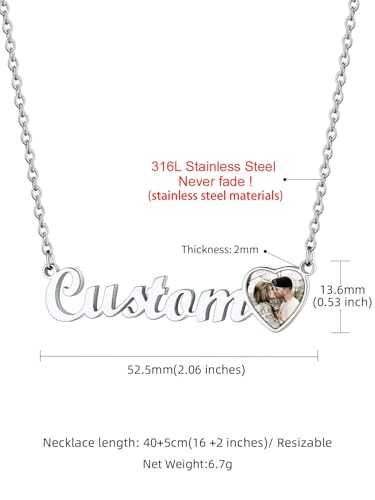GoldChic JEWELRY Name Necklace Personalized for Men, Womens Custom Name Plate Chain, Stainless Steel Customized Old English Nameplate Choker with Curb Chains Custom, 16 inches to 30 inches - color: Photo & Rolo Chain 1.8 mm - Steel