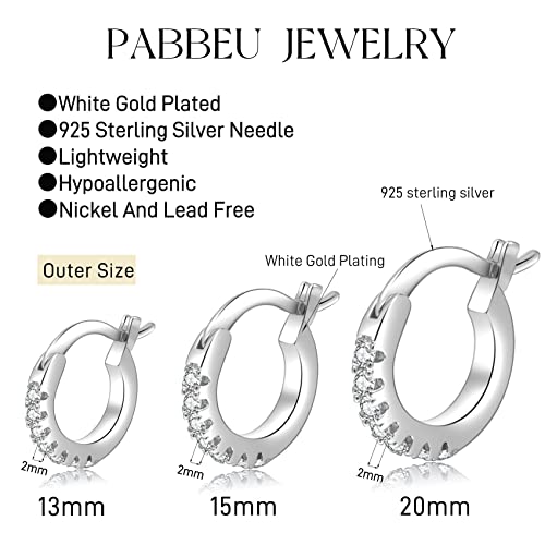 PABBEU 925 Sterling Silver Small Hoop Earrings Set for Women Hypoallergenic | 3Pairs Cubic Zirconia Small Huggie Hoop Earrings Set 13/15/20mm,Nickel-Free Lightweight Comfortable Sleeper Earrings Gift Set - color: 13/15/20mm H Silver