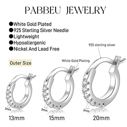 PABBEU 925 Sterling Silver Small Hoop Earrings Set for Women Hypoallergenic | 3Pairs Cubic Zirconia Small Huggie Hoop Earrings Set 13/15/20mm,Nickel-Free Lightweight Comfortable Sleeper Earrings Gift Set - color: 13/15/20mm H Silver