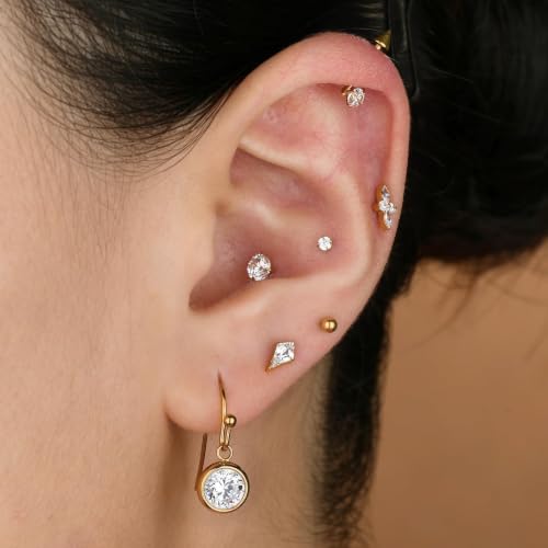 Surgical Steel Hypoallergenic Hoop Earrings for Women - Huggie Dangle CZ Cartilage Earrings - color: 18K Gold Plated