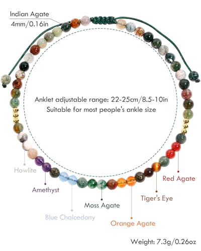 Colorful 7 Chakra Gemstones Beaded Anklet for Women Foot Jewelry | Adjustable 8.5-10 in, Ankle Bracelets for Women, Handmade, Positive Energy, Balance, Yoga, Meditation, Beach, Party, Vacation - style: Indian Agate