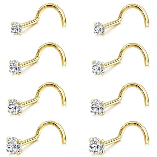 8Pcs Nose Rings Studs Set for Women Men: Hypoallergenic G23 Titanium/316L Surgical Stainless Steel Nose Studs, Nickel-free Lead-free L Shaped Corkscrew Nose Piercing Jewelry CZ 1.5mm 2mm 2.5mm 3mm - style: Titanium 8Pcs 20G Corkscrew Gold