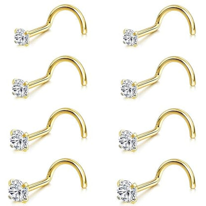 8Pcs Nose Rings Studs Set for Women Men: Hypoallergenic G23 Titanium/316L Surgical Stainless Steel Nose Studs, Nickel-free Lead-free L Shaped Corkscrew Nose Piercing Jewelry CZ 1.5mm 2mm 2.5mm 3mm - style: Titanium 8Pcs 20G Corkscrew Gold