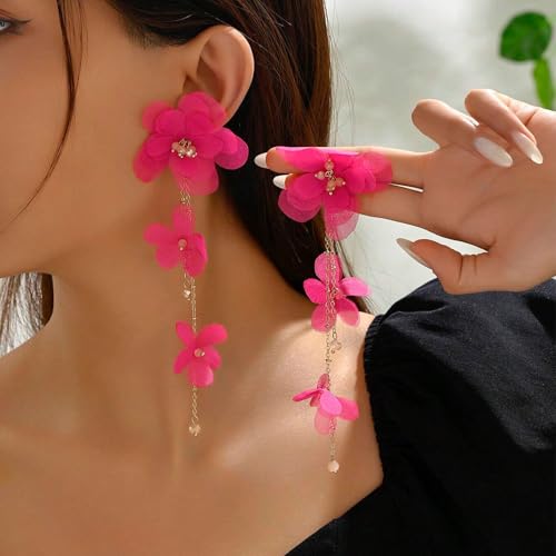Flower Earrings for Women Long Fabric Flower Tassel Earrings Bohemian Handmade Floral Statement Earring Wedding Prom Jewelry Gifts - color: A2：hot pink
