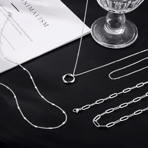CHESKY Layered Silver Necklace for Women Trendy,Dainty Silver Plated Stackable Charm Necklace Layering Paperclip Tennis Rope Chain CZ Pendant Jewelry Set Gifts - style: paperclip