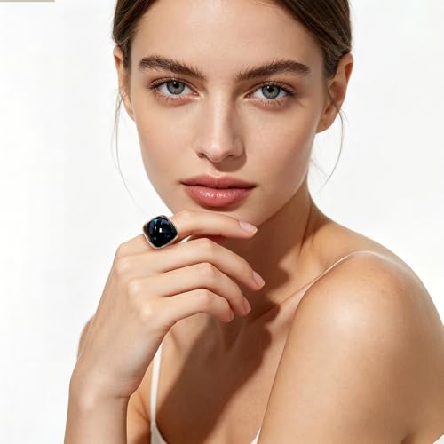 Chunky Square Crystal Glass Stainless Steel Statement Ring for Women Men Gold-Tone Plated Exaggerated Large Geometric Green Cubic Zirconia Finger Band Knuckle Rings Cocktail Prom Fashion Jewelry - color: Blue