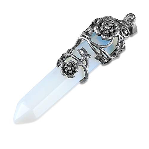 Top Plaza Flower Wrapped Natural Opalite Crystal Necklace | Antique Silver Healing Crystal Gemstone Necklaces for Women Mothers Day Mom Gifts - color: Synthetic Opalite
