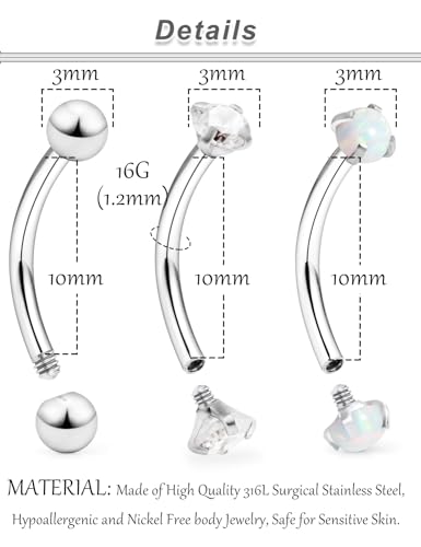 16G Eyebrow Rook Piercing Jewelry Small Belly Button Ring 316L Surgical Steel Snake Eye Tongue Curved Barbell Vertical Lip Labret Piercing Jewelry for Women Men 6mm 8mm 10mm Bars 3mm Opal CZ - color: 6PCS - 10mm Bars