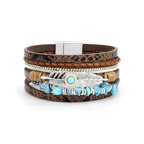 Bracelets for Women, Gifts for Mom Her Christmas Gift 2026 Leather Bracelets for Women Birthday Gift for Daughter Inspirational Wrap Bracelet Sister Friend Teen Girl Gift Layered Stocking Stuffers Jewelry - style: Brown-Turquoise