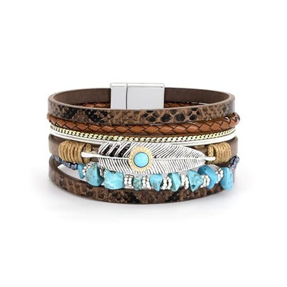 Bracelets for Women, Gifts for Mom Her Christmas Gift 2026 Leather Bracelets for Women Birthday Gift for Daughter Inspirational Wrap Bracelet Sister Friend Teen Girl Gift Layered Stocking Stuffers Jewelry - style: Brown-Turquoise