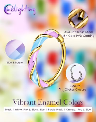 Melighting 20G Twist Nose Ring Hoop Stainless Steel 316L Piercing Jewelry | 7/8 mm Nose Piercing Jewelry, Cute Hinged Segment Clicker Lobe Helix Daith Cartilage Earring for Women - color: Gold PBL, size: 20g8mm