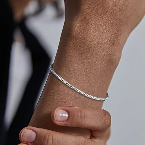 BRIJEWNES 3MM Sterling Silver Round Snake Chain Bracelet 925 Silver Link Chain Bracelet for Men