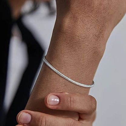 BRIJEWNES 3MM Sterling Silver Round Snake Chain Bracelet 925 Silver Link Chain Bracelet for Men