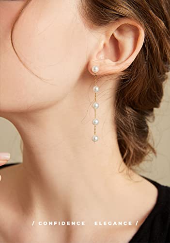 14K Gold Plated 925 Sterling Silver Clip On Earrings Pearl Drop Long Chain Earrings for Women Wedding Bridal Earrings for Brides Ear clips