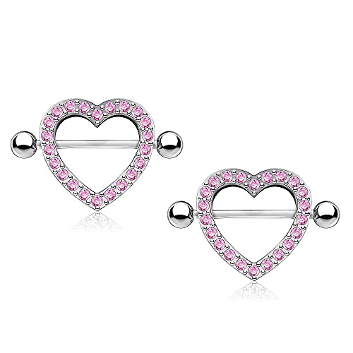 Pierced Owl - 14GA Stainless Steel Gem Paved Heart Nipple Shields, Sold as a Pair - style: Pink