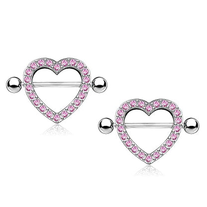 Pierced Owl - 14GA Stainless Steel Gem Paved Heart Nipple Shields, Sold as a Pair - style: Pink