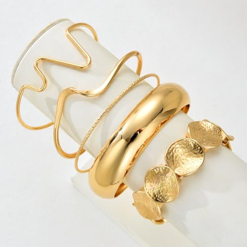 Golden Stackable Bracelets Set for Women Trendy Multi Layer Adjustable Chunk Flower Cuff Bracelet Geometric Irregular Wave Statement Bangle Glamour Stacking Cuff Jewelry - color: Gold-A