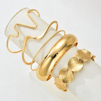 Golden Stackable Bracelets Set for Women Trendy Multi Layer Adjustable Chunk Flower Cuff Bracelet Geometric Irregular Wave Statement Bangle Glamour Stacking Cuff Jewelry - color: Gold-A