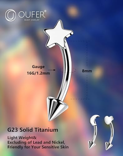 OUFER Rook Piercing Jewelry, G23 Solid Titanium Eyebrow Rings, Heart Vertical Labret Lip Jewelry, 16G Curved Barbells, Daith Rook Earrings for Women Men - color: Silver 3pack, size: 16G 8mm