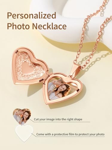FindChic Locket Necklace for Women Custom Photo Memorial Gifts 4 Colors | Silver/Black/Rose Gold/Gold Plated Personalized for Loved Ones, Birthday Valentine's Day Keepsake - style: 13. Heart Pattern (DIY)-Rose Gold