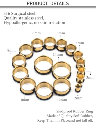 12G-25mm Single Flared Gauges Tunnels Stretching Kit 316L Surgical Steel O-ring Ear Gauges Plugs Earring Lobe flesh Tunnel Gauge Stretcher Silver Black Gold Color Tone - color: Gold, size: 12g/10g/8g/6g/4g/2g/0g/00g/12mm