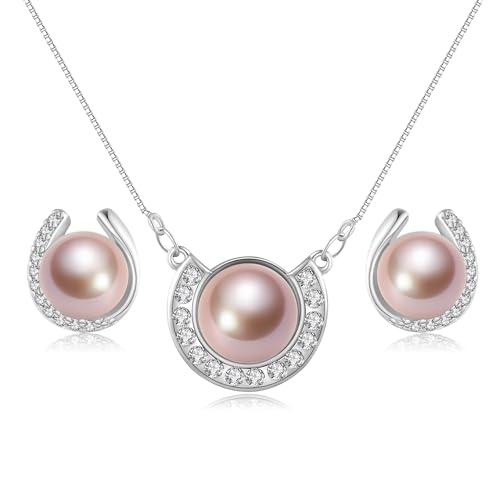 YAMI Pearl Jewelry Set for Women, Natural Cultured Pearl Necklace&Earrings | 11-12mm Pearl, 925 Sterling Silver with 5A Cubic Zirconia, Wedding Jewelry Sets, Valentine's Day/Mother's Day/Christmas Gift - color: Pink