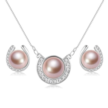 YAMI Pearl Jewelry Set for Women, Natural Cultured Pearl Necklace&Earrings | 11-12mm Pearl, 925 Sterling Silver with 5A Cubic Zirconia, Wedding Jewelry Sets, Valentine's Day/Mother's Day/Christmas Gift - color: Pink