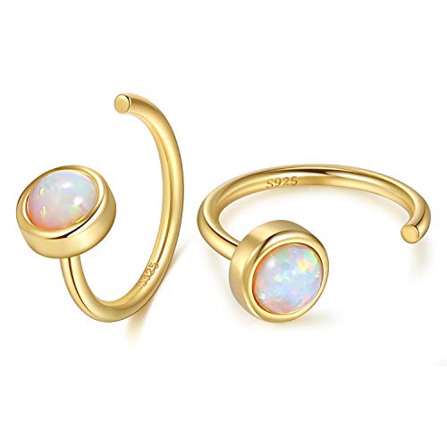 CHIC & ARTSY 925 Sterling Silver Half Hoop Earrings for Women, Dainty Huggie Hoops with Synthetic Opal, Moonstone, CZ & Gemstones, Lightweight Comfort Fit Everyday Elegant Jewelry - color: Opal White/Gold Plated Silver