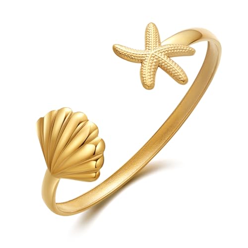 WOWORAMA Gold Shell Cuff Bracelets for Women | Trendy Boho Ocean Seashell Bangles, Adjustable Open Cuff Bracelet, Vintage Summer Beach Jewelry - color: Starfish Shell
